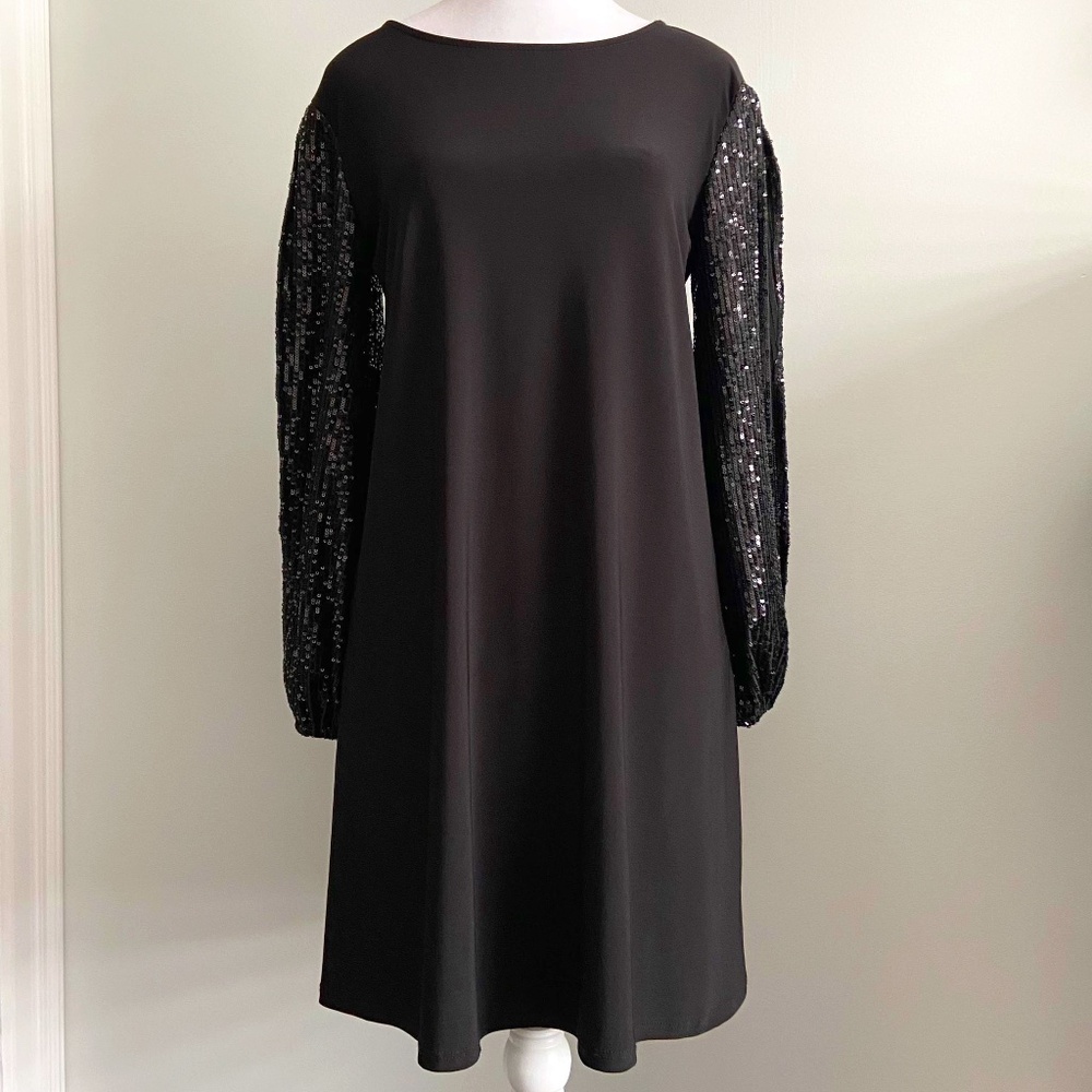 HOLIDAY PARTY TASH + SOPHIE BLACK SEQUIN MINI DRESS LONG SLEEVE SLIT CAPE